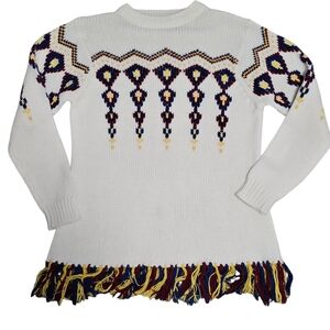 80s VTG Women's M fringe diamond pattern chevron sweater ivory blue red yellow